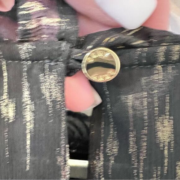 DKNY Long Sleeve Ruffle Black & Gold Blouse size Large w keyhole button closure - Picture 10 of 11